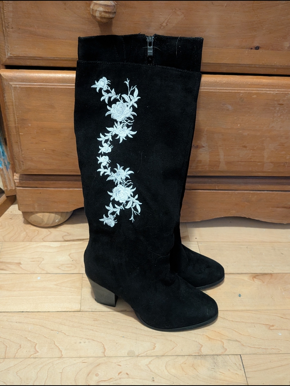 Black Suede Mid-Calf Boots with White Floral Embroidery